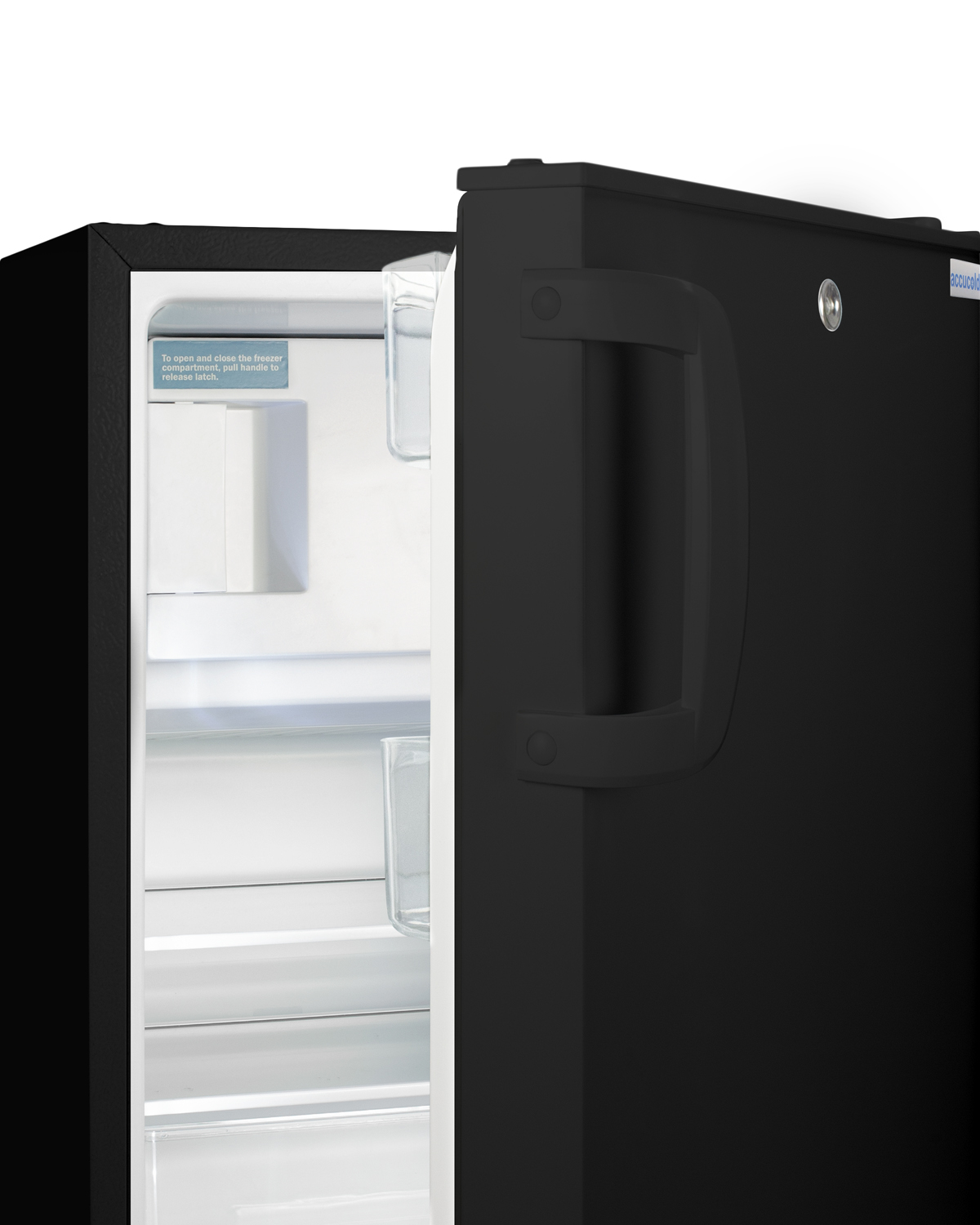Built-in undercounter, ADA compliant refrigerator-freezer in black, designed for general purpose storage, manual defrost with glass shelves, front lock, and door storage